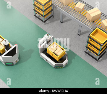 Self driving AGV (Automatic guided vehicle) with forklift carrying container box near to conveyor. 3D rendering image. Stock Photo