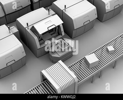 Clay model rendering of AGV (Automatic guided vehicle) picking parts from metal 3D printer. Smart factory concept  3D rendering image. Stock Photo
