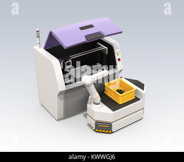 AGV (Automatic guided vehicle) picking machine parts from 3D metal printer. Smart factory concept. 3D rendering image. Stock Photo