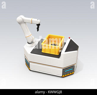 AGV (Automatic guided vehicle) with robotic arm isolated on gray background. 3D rendering image. Stock Photo
