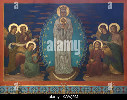 Our Lady the Queen of Angels depicted in the mural in the presbytery of the Church of Our Lady of the Rosary (Kostel Panny Marie Růžencové) in České Budějovice in South Bohemia, Czech Republic. The murals designed by Benedictine monk Pantaleon (Jaroslav Major) were realized by the artists of the Beuron Art School in 1900-1902. Stock Photo