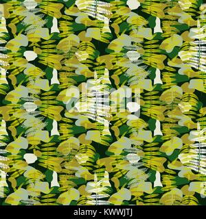 Camouflage spots and fern leaves green seamless vector pattern. Stock Vector