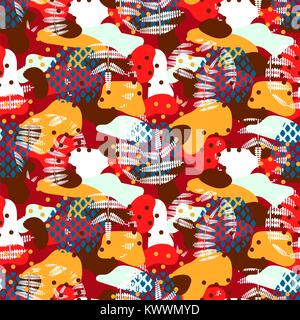 Camouflage spots and fern leaves red seamless vector pattern. Stock Vector