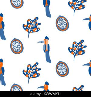 Stylized walnut and bird vector seamless pattern. Stock Vector