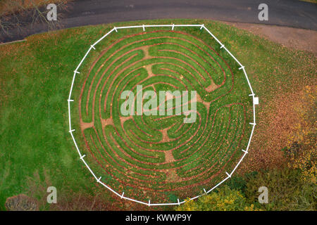 Drones view of the Turf Maze at Wing village, Rutland County, England, UK Stock Photo