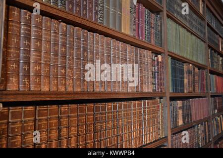 An antique and historical library containing many old leather-bound books from the 18th and 19th centuries, tightly stacked on shelves. Stock Photo