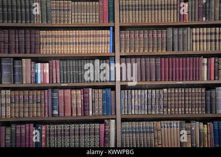 An antique and historical library containing many old leather-bound books from the 18th and 19th centuries, tightly stacked on shelves. Stock Photo