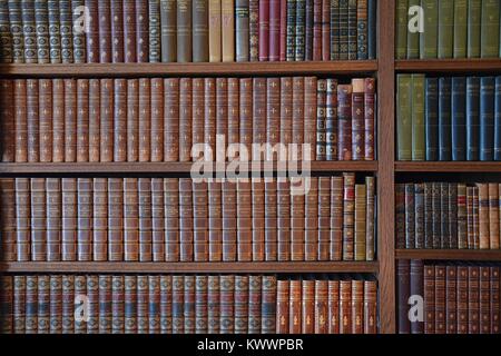 An antique and historical library containing many old leather-bound books from the 18th and 19th centuries, tightly stacked on shelves. Stock Photo