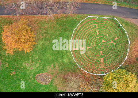 Drones view of the Turf Maze at Wing village, Rutland County, England, UK Stock Photo