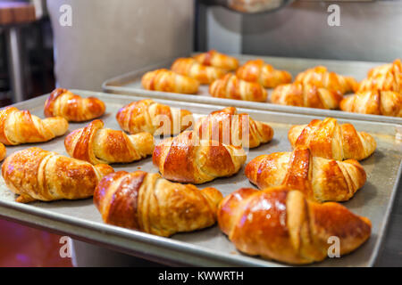 Fresh baked croissants on baking sheet Stock Photo