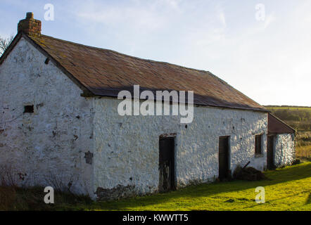 An old whitewashed stone built Irish Cottage with a small annex roofed with bangor Blue roofing tiles and rusting corrugated tin sheets Stock Photo