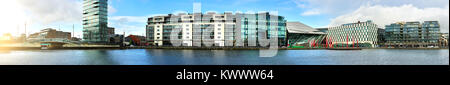 DUBLUN, IRELAND- February 4, 2017: Modern Dublin Docklands or Silicon Docks. Panorama of modern apartments, Grand Canal Square, The Bord Gais Energy T Stock Photo