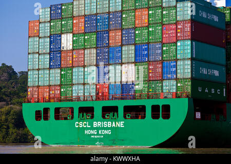The container ship CSCL Brisbane passing through the Panama Canal, Republic of Panama. Stock Photo