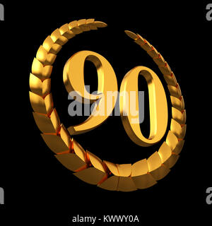 Anniversary Golden Laurel Wreath And Numeral 90 On Black Background . 3D Illustration. Stock Photo