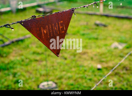 Old mine field sign as a leftover from the siege in Sarajevo, Bosnia Stock Photo