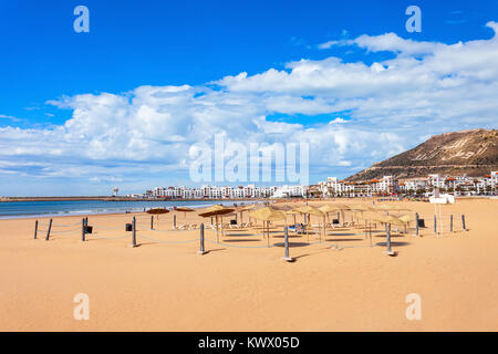 Agadir main beach in Agadir city, Morocco. Agadir is a major city in Morocco located on the shore of the Atlantic Ocean. Stock Photo