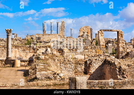 Volubilis near Meknes in Morocco. Volubilis is a partly excavated Amazigh, then Roman city in Morocco situated near Meknes, the ancient capital of the Stock Photo