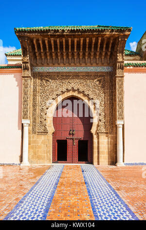 The Mausoleum of Moulay Ismail in Meknes in Morocco. Mausoleum of Moulay Ismail is a tomb and mosque located in the Morocco city of Meknes. Stock Photo