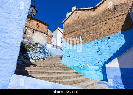 Traditional blue berber houses in Chefchaouen, Morocco. Chefchaouen is a city in northwest Morocco. Chefchaouen is noted for its buildings in shades o Stock Photo