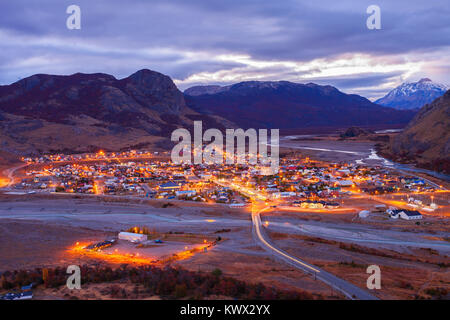 El Chalten town aerial panoramic view at night. El Chalten located in Patagonia in Argentina. Stock Photo