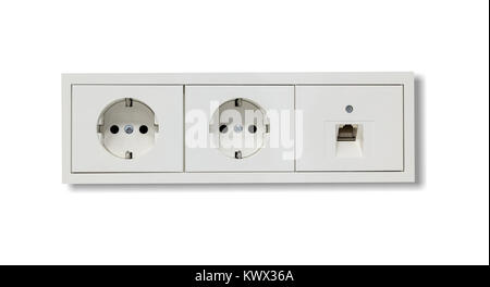 Double modern electric sockets and network line isolated on White background. Close up view with details. Stock Photo