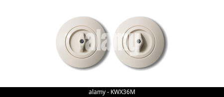 Two switches vintage round with button from porcelain isolated on white background. Close up view, detail. Stock Photo