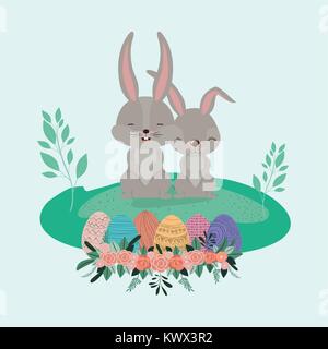 easter landscape scene with bunnies couple and easter eggs in colorful silhouette Stock Vector