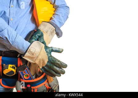 Worker with safety equipment on white background Stock Photo