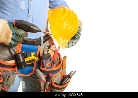 Worker holding an electric screwdriver on white background Stock Photo