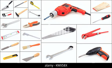 Set of hand tools on white background collage Stock Photo
