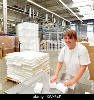 woman works in the shipping department of a company and packs styrofoam components into packages for the customer. Stock Photo