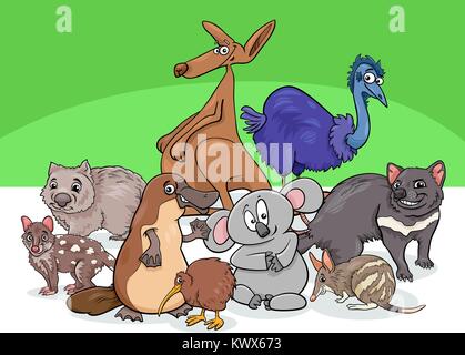 Cartoon Illustrations of Australian Animal Characters Group Stock Vector