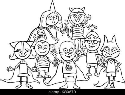 Black and White Cartoon Illustration of Elementary Age Children Characters at the Mask Ball Coloring Book Stock Vector