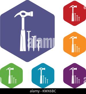 Hammer and nails icons set rhombus in different colors isolated on white background Stock Vector