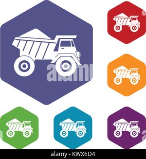 Dump truck with sand icons set rhombus in different colors isolated on white background Stock Vector