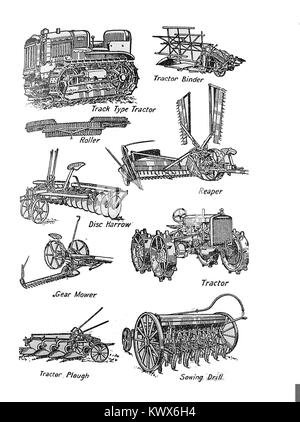 old agricultural farming tractors,and farming implements - 1930 illustration Stock Photo