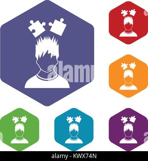 Man with puzzles over head icons set rhombus in different colors isolated on white background Stock Vector