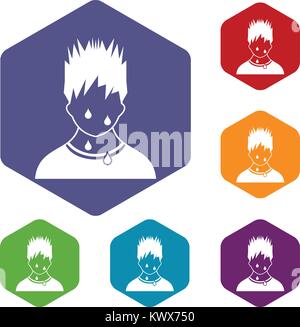 Sweaty man icons set rhombus in different colors isolated on white background Stock Vector