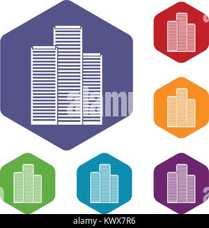 Skyscrapers in Singapore icons set rhombus in different colors isolated on white background Stock Vector