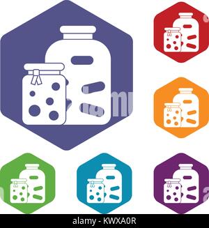 Jars with pickled vegetables and jam icons set Stock Vector