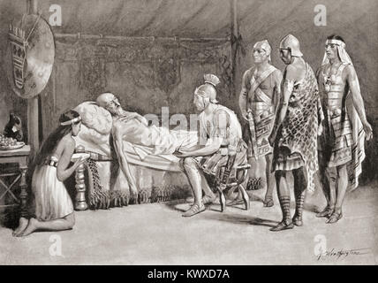 Scipio at the deathbed of Masinissa, 148 BC.  Masinissa, aka Masensen, c.238 – 148 BC.  First King of Numidia.  Publius Cornelius Scipio Africanus, 236–183 BC, aka Scipio the African, Scipio Africanus-Major, Scipio Africanus the Elder and Scipio the Great.  Roman general and later consul.  From Hutchinson's History of the Nations, published 1915. Stock Photo