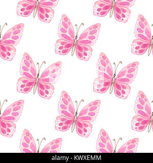 Hand drawn watercolor seamless pattern with pink butterflies on a white background Stock Photo