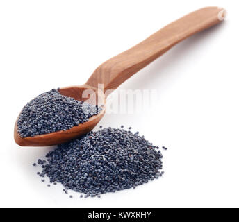 Poppy seeds in wooden spoon over white background Stock Photo