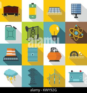 Energy sources items icons set, flat style Stock Vector