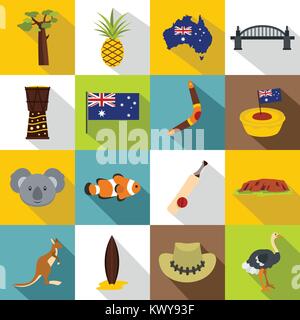 Australia travel icons set, flat style Stock Vector