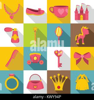 Doll princess items icons set, flat style Stock Vector