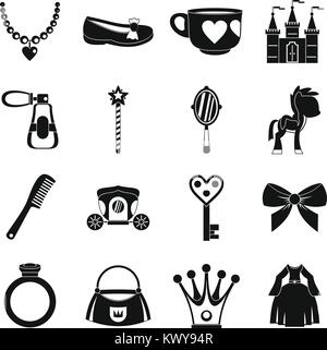 Doll princess items icons set, simple style Stock Vector