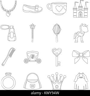 Doll princess items icons set, outline style Stock Vector