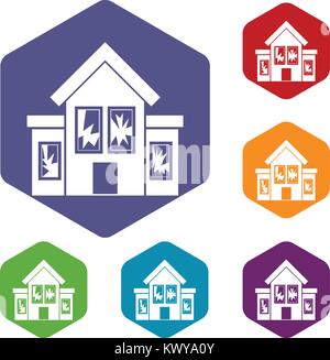 House with broken windows icons set Stock Vector