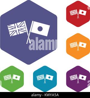 UK and Japan flags crossed icons set Stock Vector